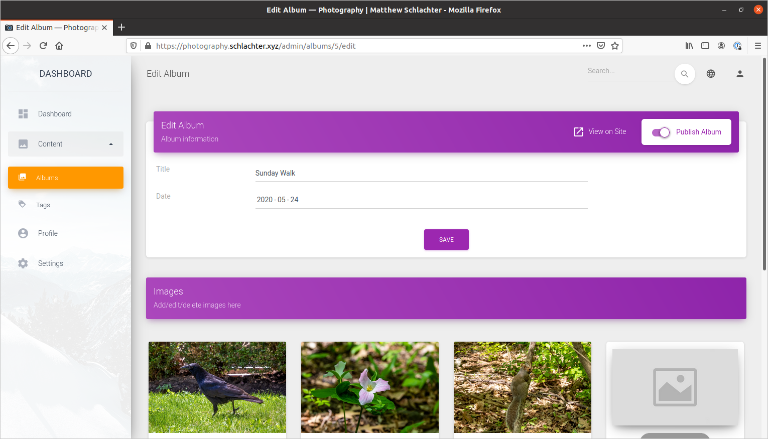 Screenshot of the edit album page of an administrator's dashboard on a photography website