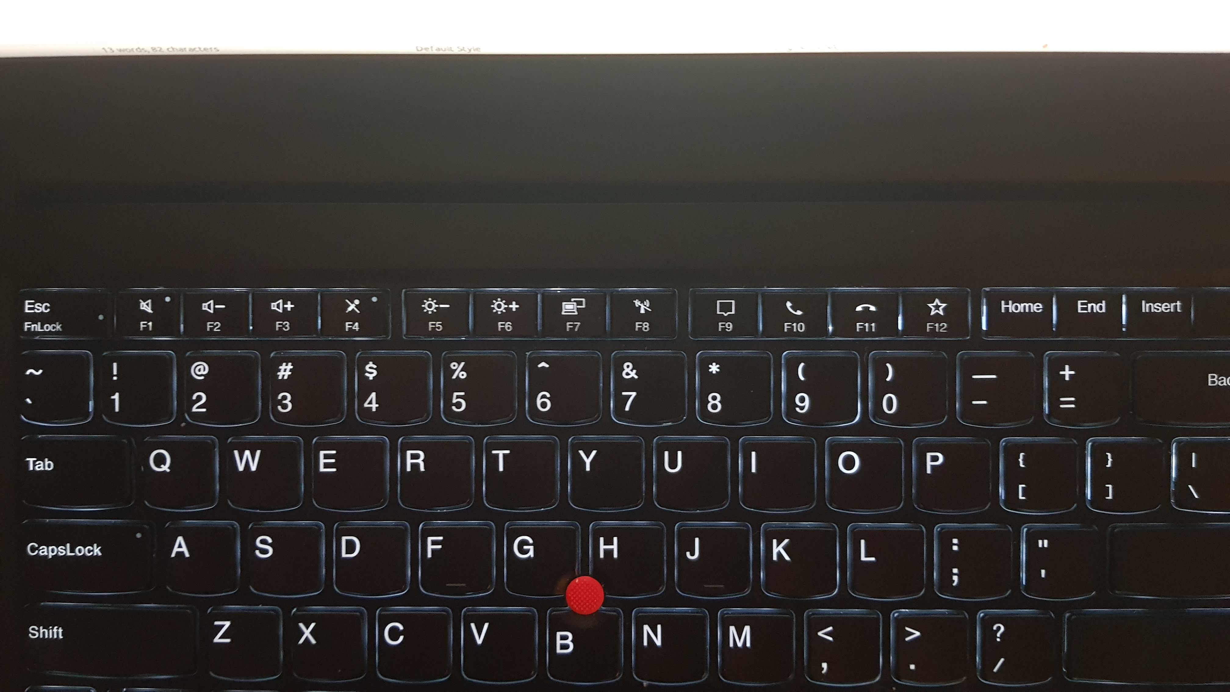 A lenovo keyboard, centered on the function keys row