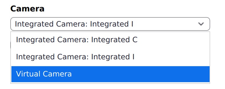 Dropdown labeled 'Camera' with the options 'Integrated Camera: Integrated C', 'Integrated Camera: Integrated I', and 'Virtual Camera'