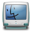 Bondi blue iMac G3 viewed from the front, on the screen is the vintage Apple face